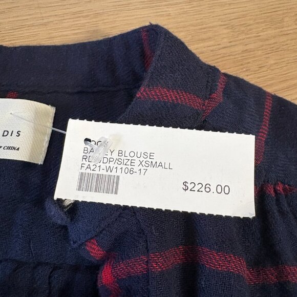NWT Trovata Birds of Paradis Bailey Blouse XS navy blue red windowpane plaid - Picture 7 of 12